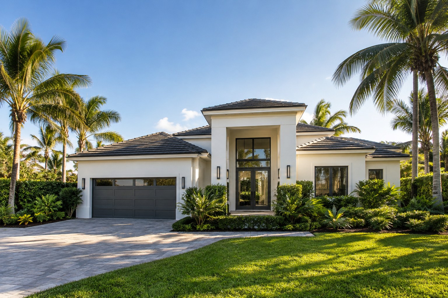 A modern South Florida home with palm trees in warm afternoon light