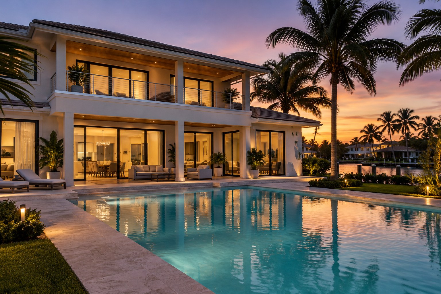 A South Florida home at dusk, illustrative